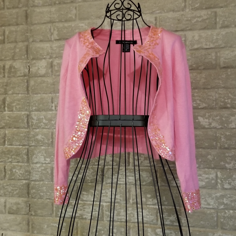 - Adorable pink sequined cardigan sweater. Fits like a small/extra small p…